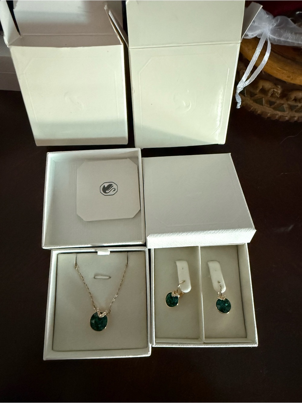 Swarovski Green Crystal Pendant Necklace with Matching Drop Earrings